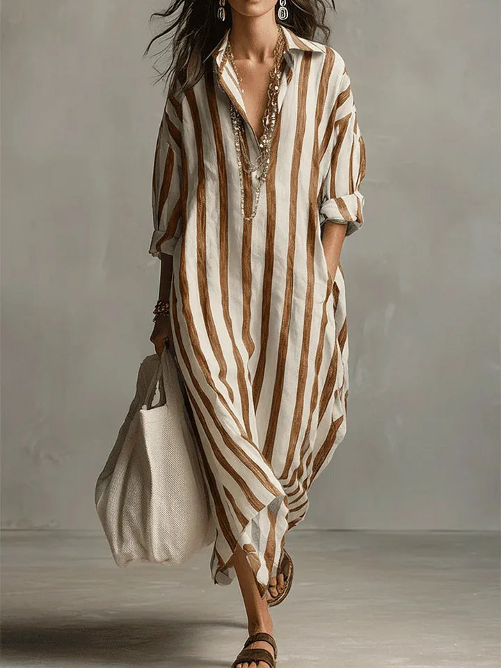 Isla - Casual Women's Linen Maxi Dress with V-Neck Collar and Roll-Up Sleeves
