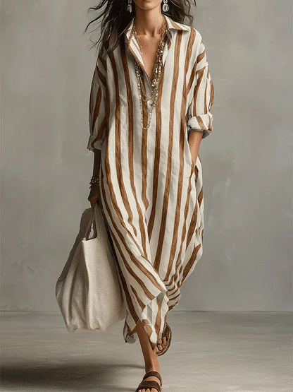 Isla - Casual Women's Linen Maxi Dress with V-Neck Collar and Roll-Up Sleeves