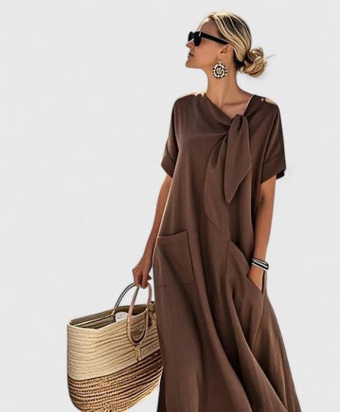 Isla - Casual Women's Maxi Dress with Tie Neck and Pocket Detail