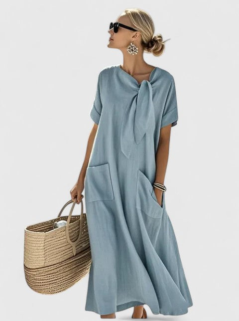 Isla - Casual Women's Maxi Dress with Tie Neck and Pocket Detail