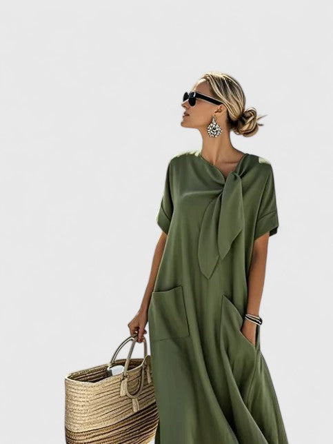 Isla - Casual Women's Maxi Dress with Tie Neck and Pocket Detail