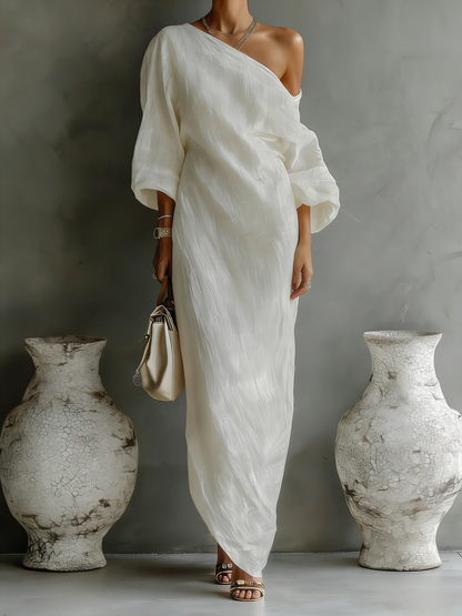 Isla - Elegant Women's Linen Maxi Dress with One Shoulder Neckline and Relaxed Fit
