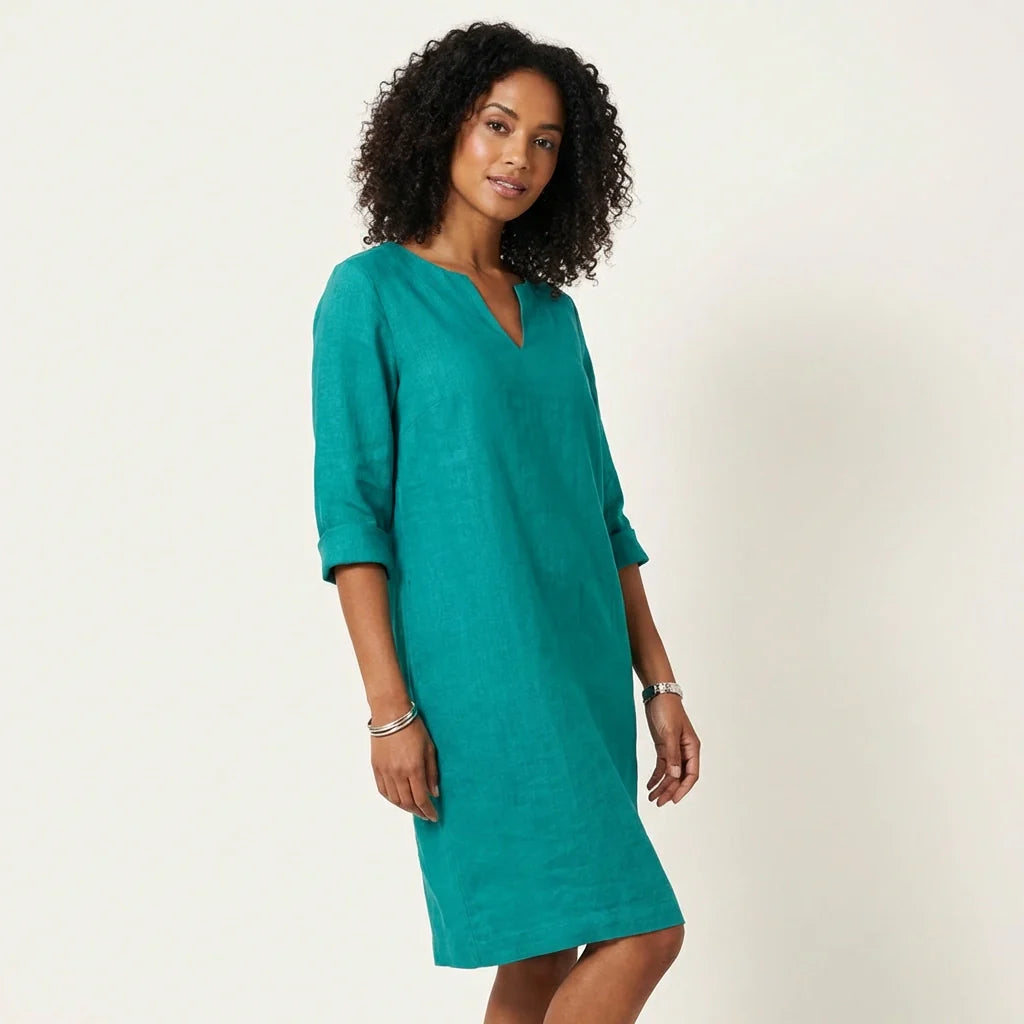 Isla - Minimalist Women's Linen Mini Dress with Notch Neckline and Roll-Up Sleeves