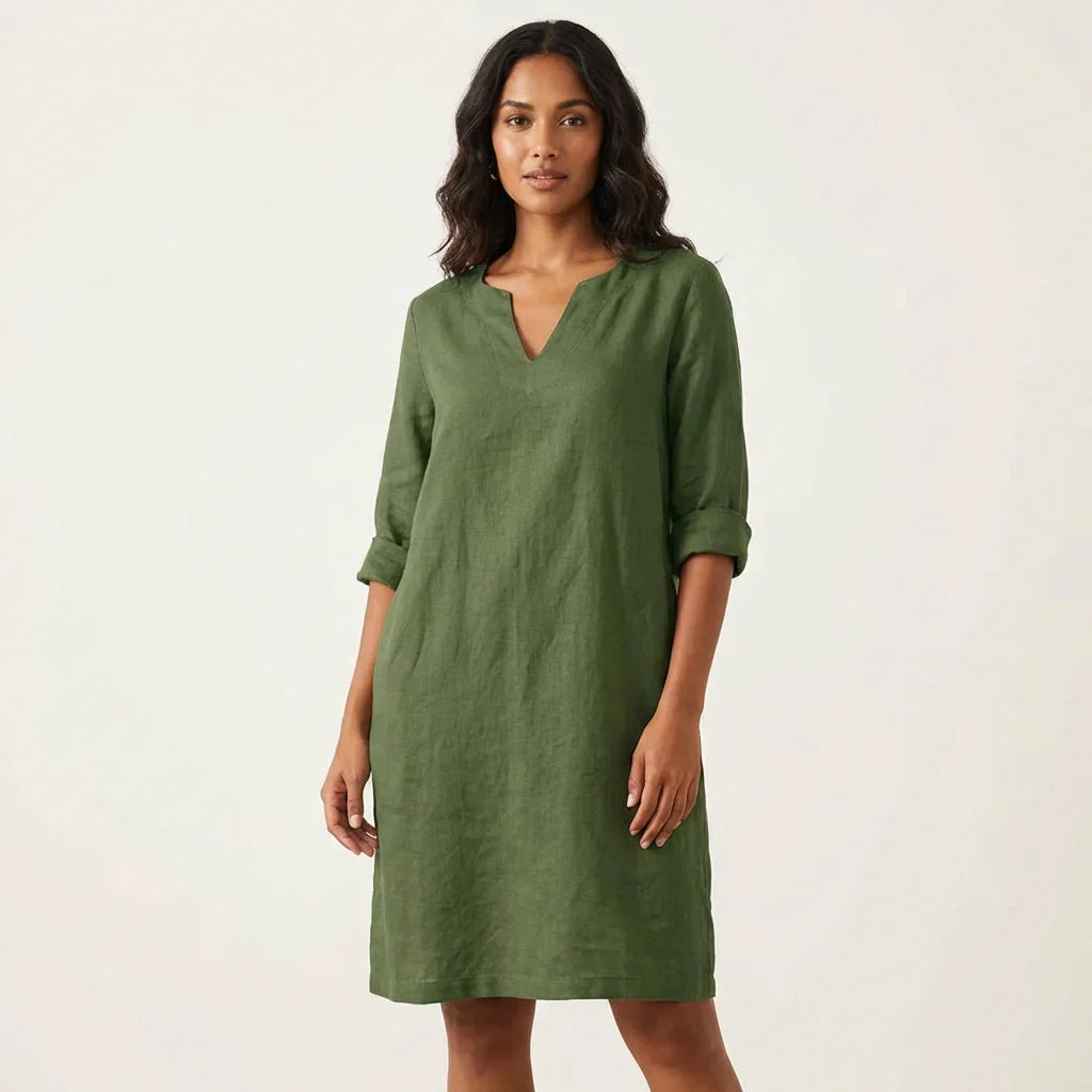 Isla - Minimalist Women's Linen Mini Dress with Notch Neckline and Roll-Up Sleeves