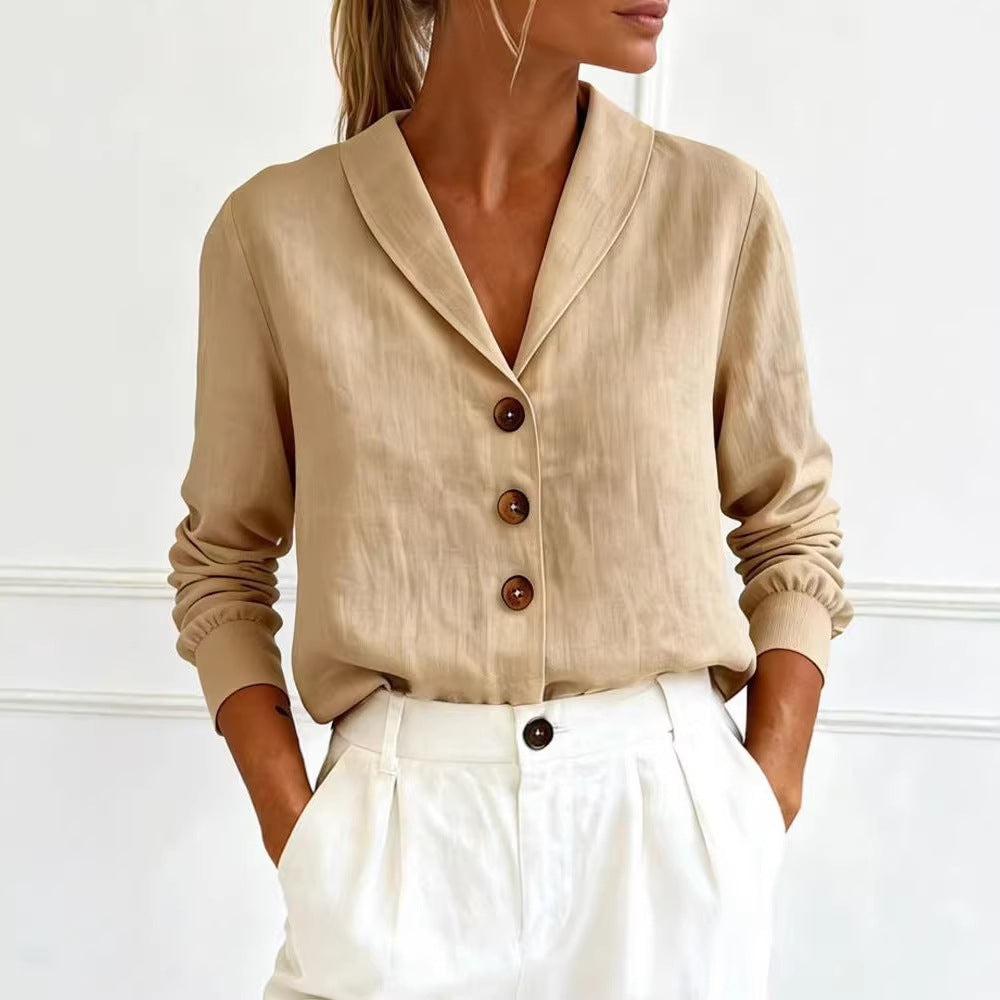 Isla - Smart Women's Linen Blouse with Notch Collar and Button Front