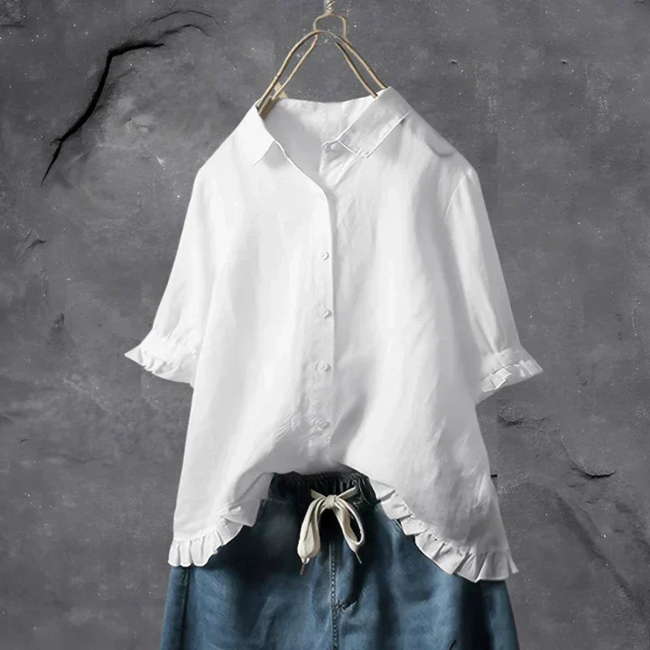 Isla - Vintage Women's Linen Blouse with Ruffle Trim and Button Down Front