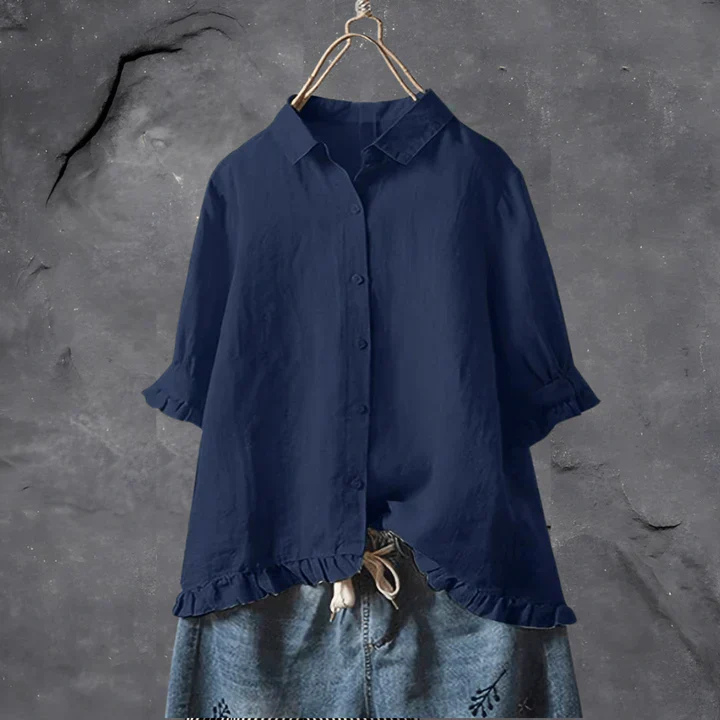 Isla - Vintage Women's Linen Blouse with Ruffle Trim and Button Down Front