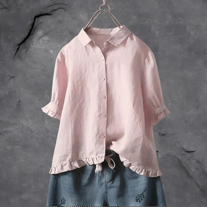Isla - Vintage Women's Linen Blouse with Ruffle Trim and Button Down Front