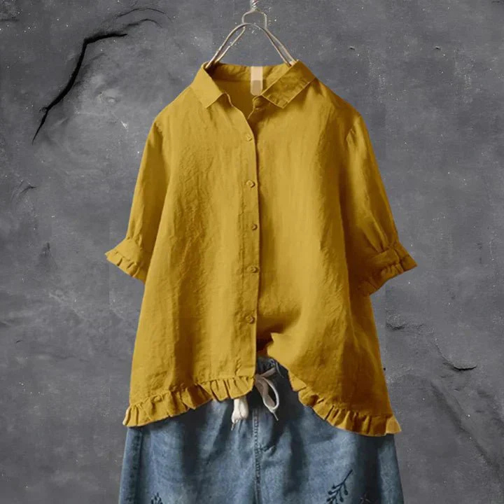 Isla - Vintage Women's Linen Blouse with Ruffle Trim and Button Down Front