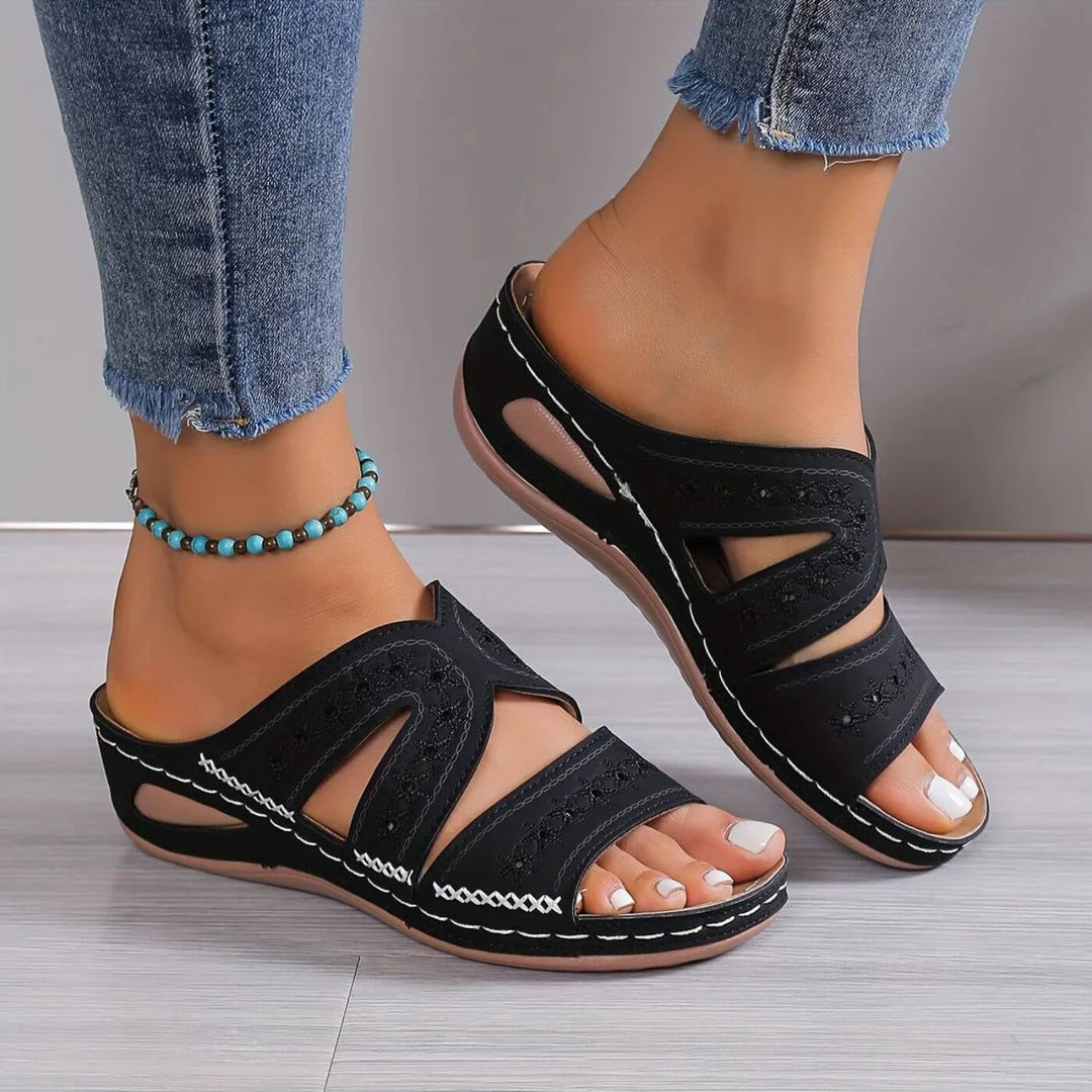 Jasmine - Vintage Women's Orthopedic Wedge Mule Sandals with Embroidered Cut-Out Upper and Contrast Stitching