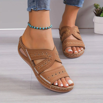 Jasmine - Vintage Women's Orthopedic Wedge Mule Sandals with Embroidered Cut-Out Upper and Contrast Stitching