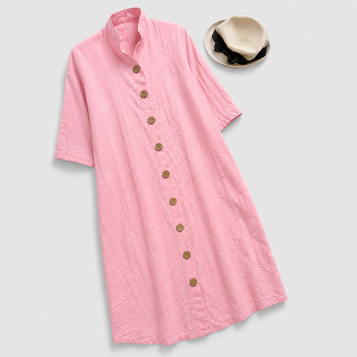 Ruby - Vintage Women's Linen Dress with Stand Collar and Button Front