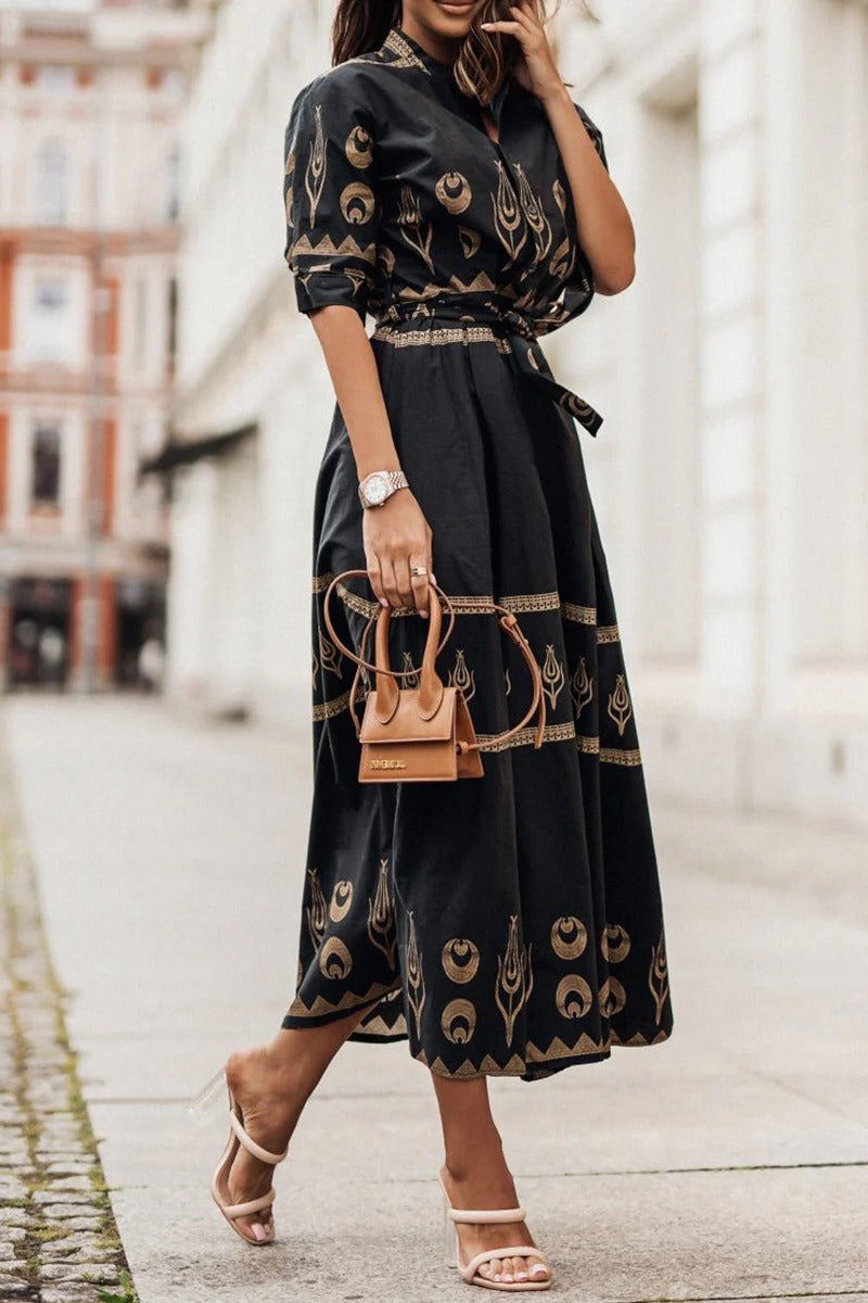 Leonie - Vintage Women's Maxi Dress with Shirt Collar and Embroidered Detail