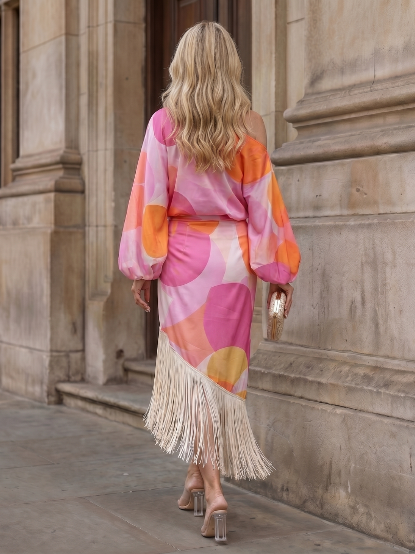 Lily - Boho Women's Summer Midi Dress with One Shoulder and Fringe Hem