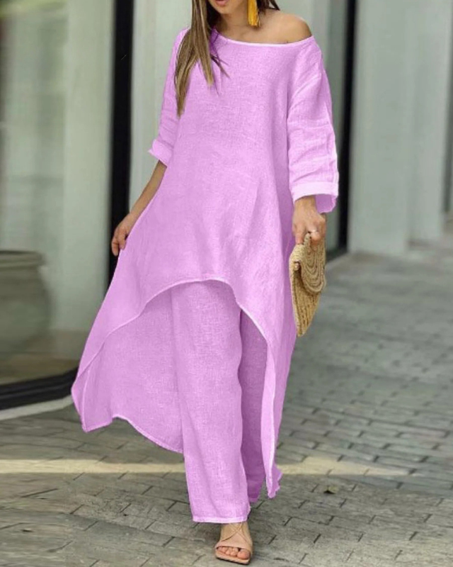 Lily - Flowy Women's Linen Set with Asymmetric Hi-Low Top and Straight-Leg Trousers