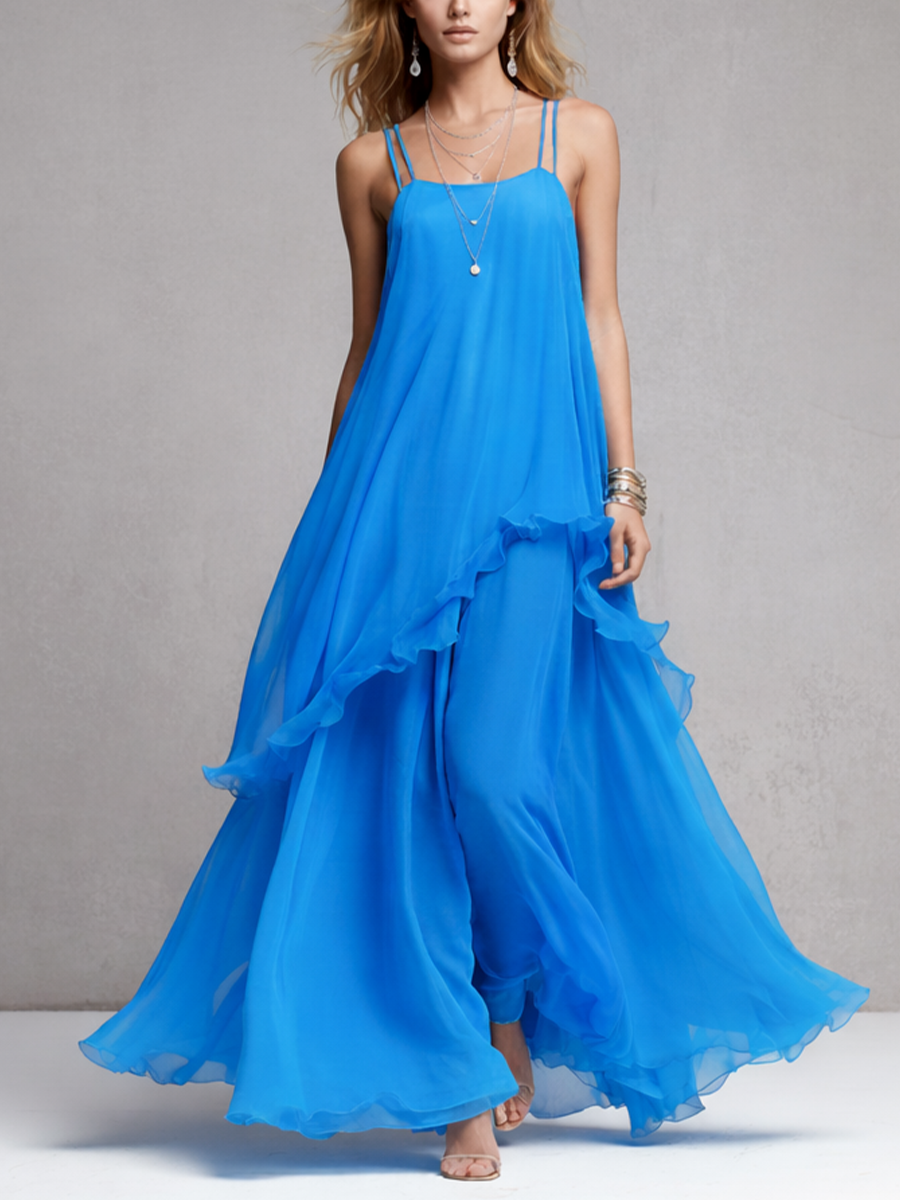 Lily - Flowy Women's Maxi Dress with Layered Hem and Thin Straps