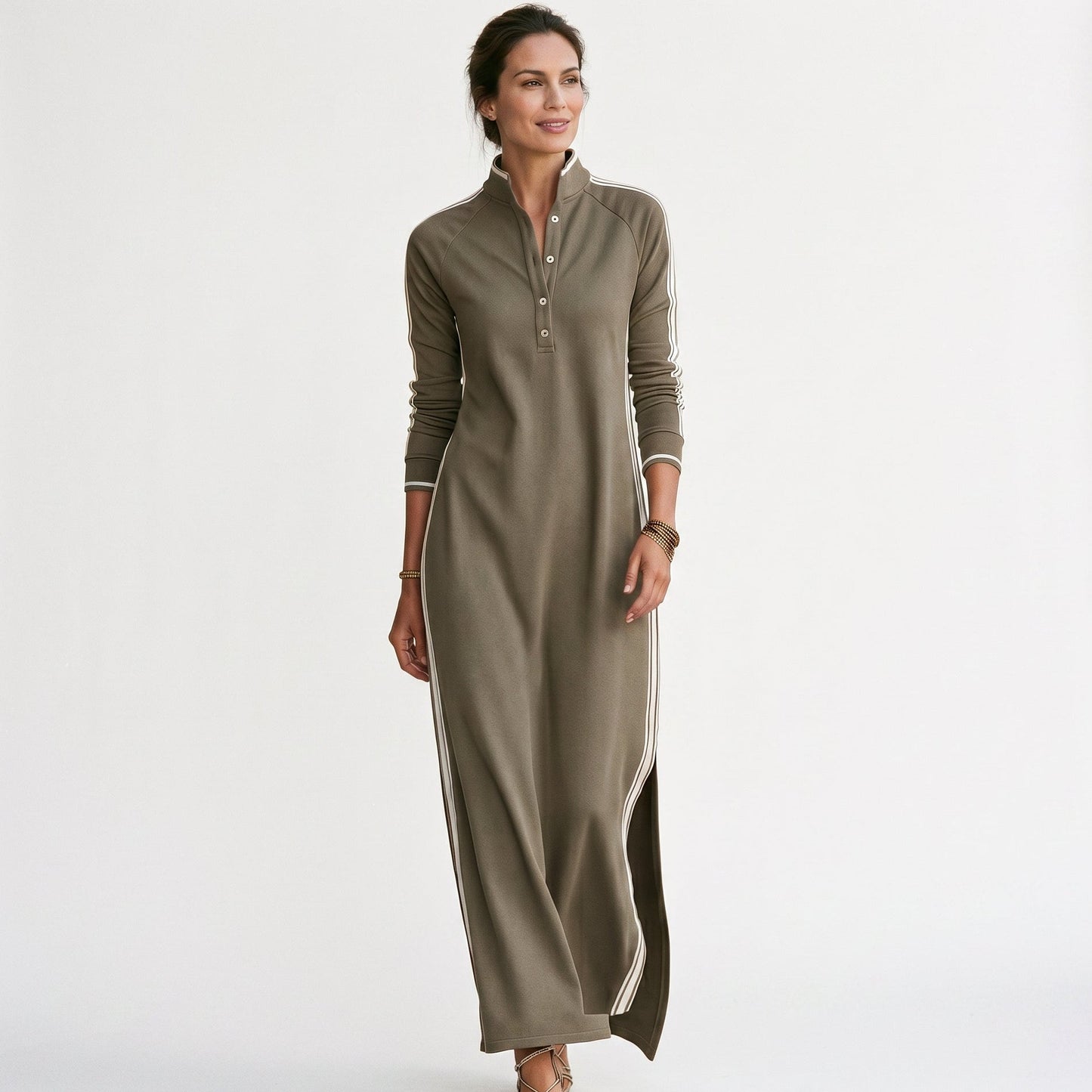 Lucy - Casual Women's Maxi Dress with Long Sleeves and Side Stripe Detail