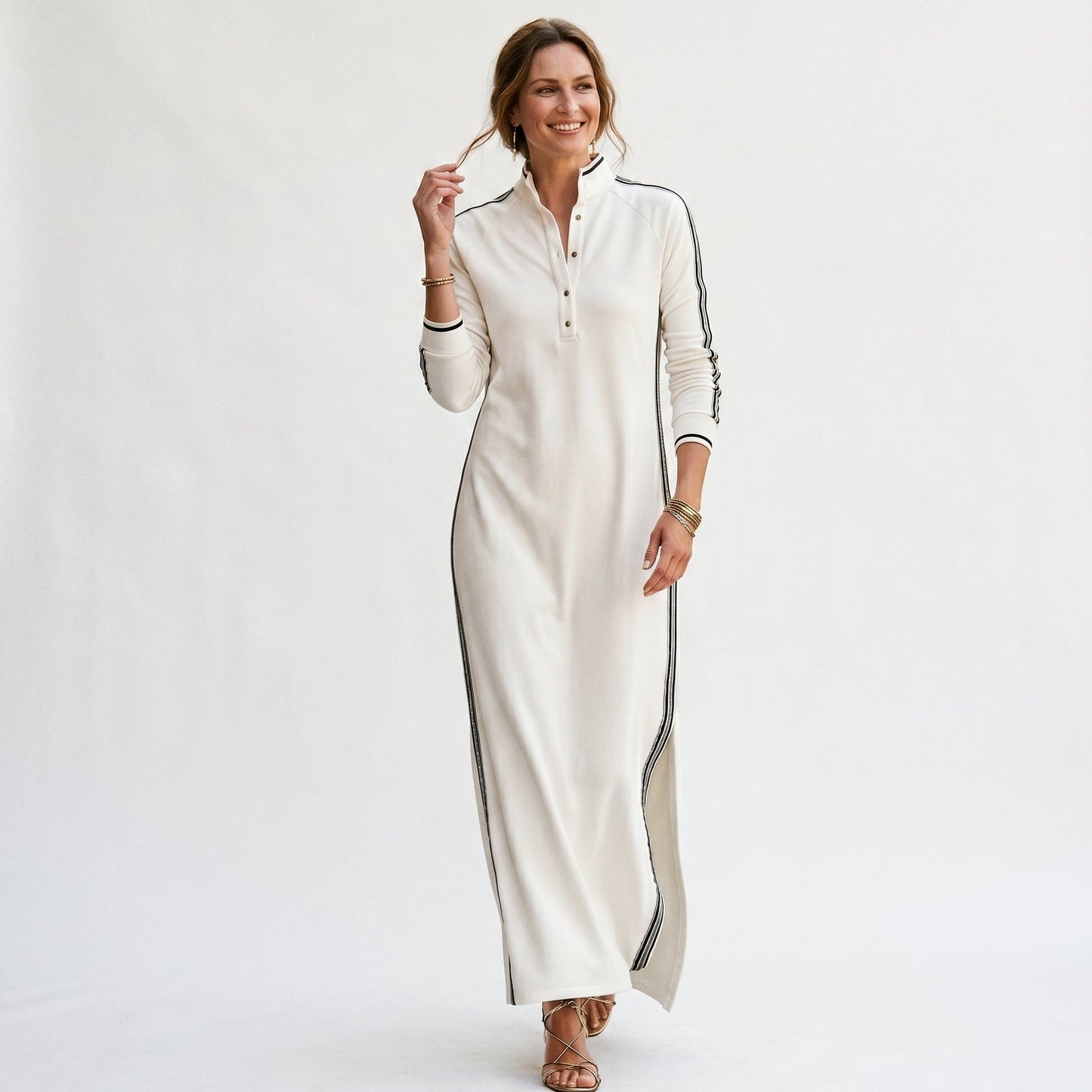 Lucy - Casual Women's Maxi Dress with Long Sleeves and Side Stripe Detail