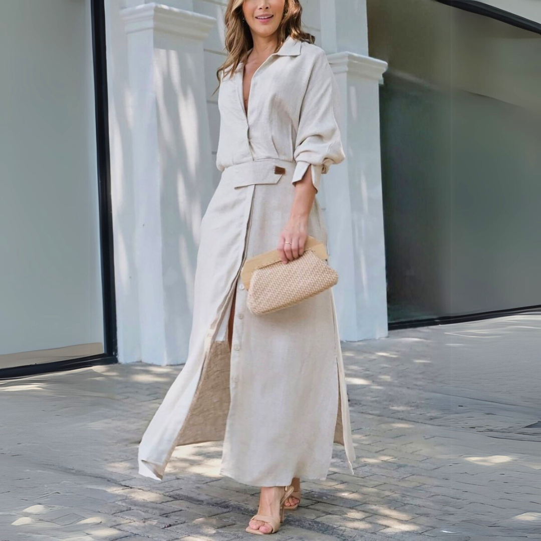 Lydia - Casual Women's Wedding Guest Maxi Dress with Shirt Collar and Belted Waist