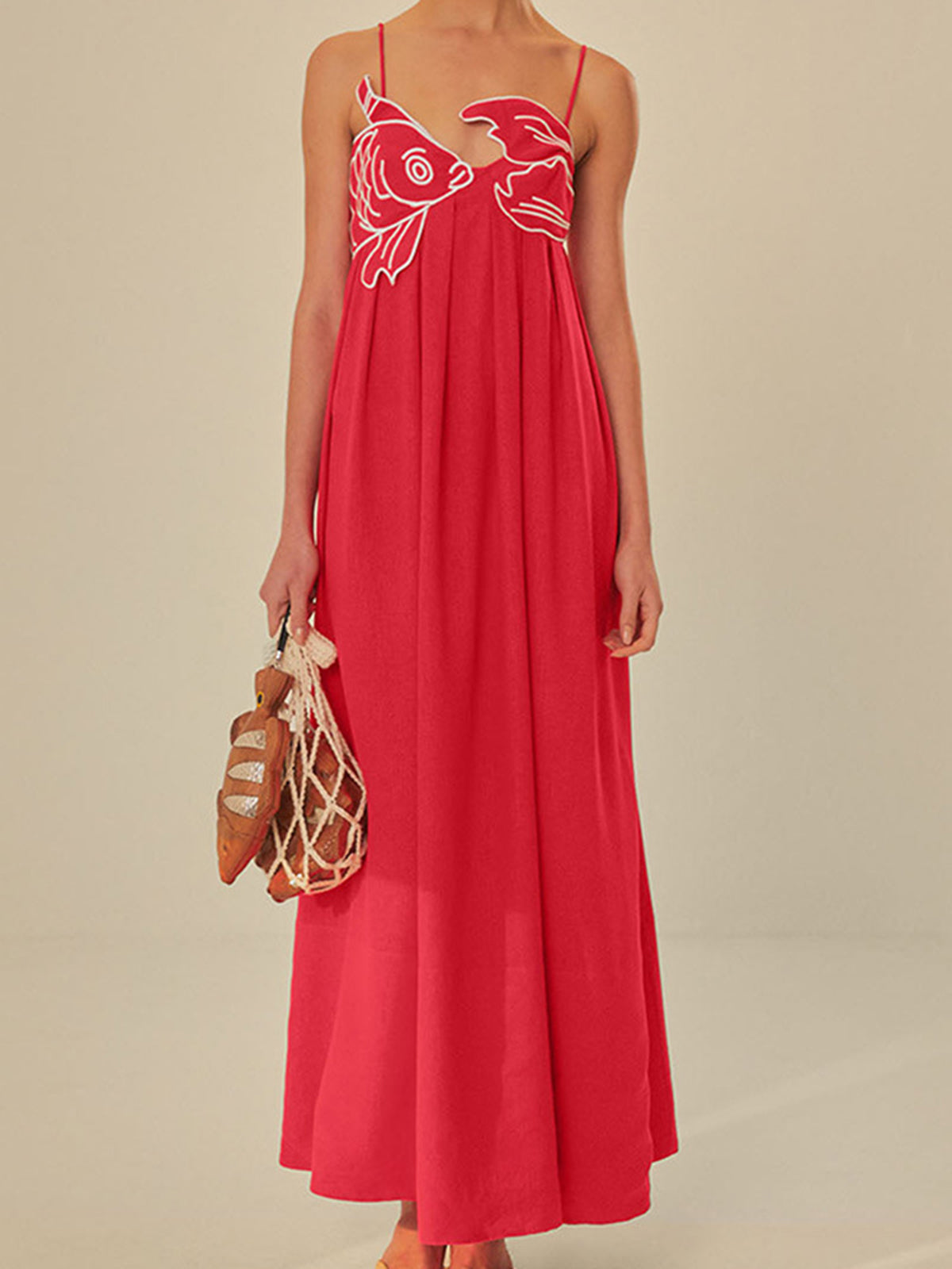 Mara - Casual Women's Maxi Dress with Spaghetti Straps and Embroidered Bodice