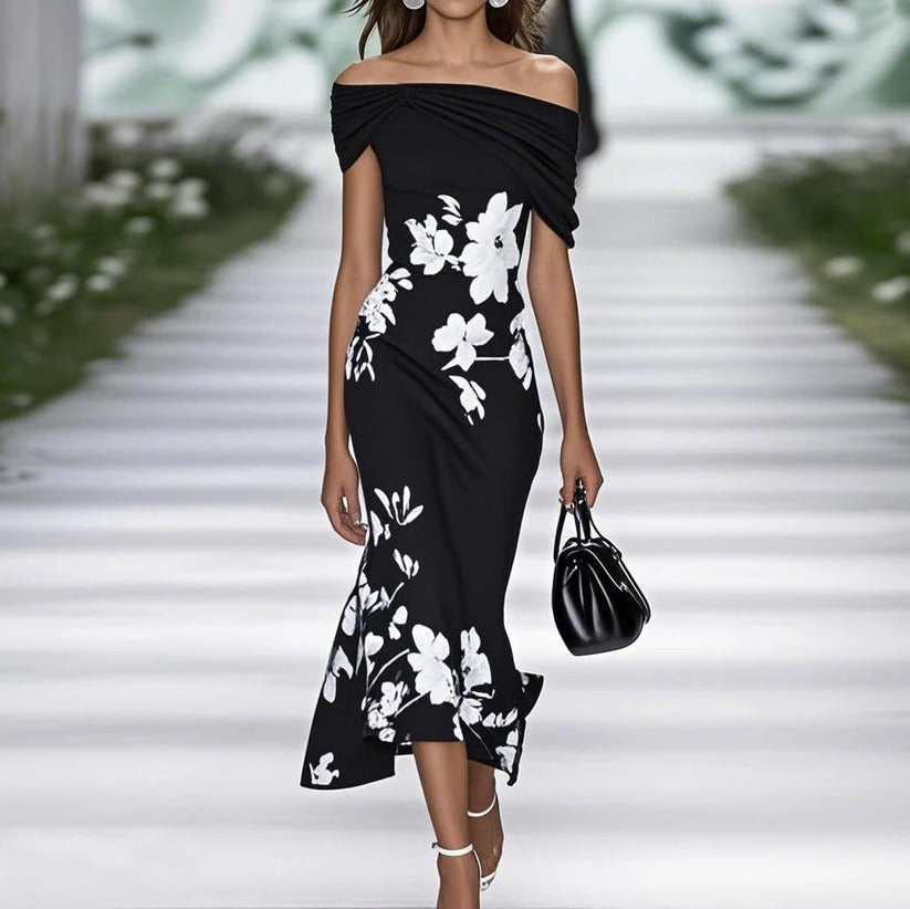 Margot - Chic Women's Midi Dress with Off Shoulder Neckline and Floral Print