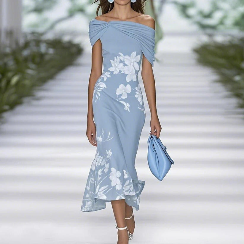 Margot - Chic Women's Midi Dress with Off Shoulder Neckline and Floral Print