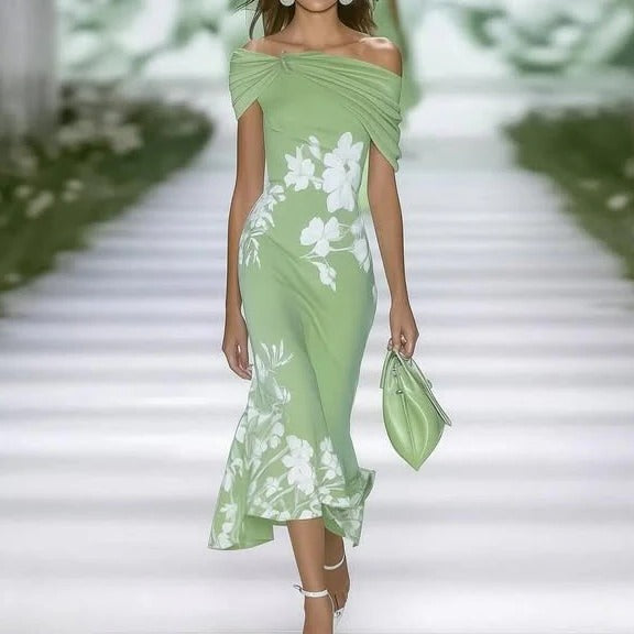 Margot - Chic Women's Midi Dress with Off Shoulder Neckline and Floral Print