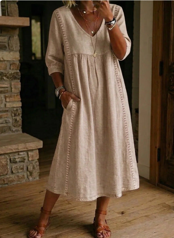 Margot - Vintage Women's Linen Midi Dress with Lace Trim and Flutter Sleeves