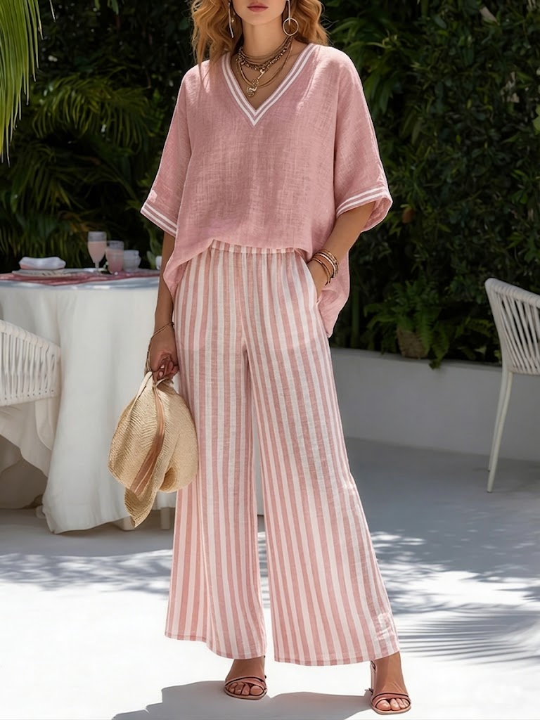Megan - Preppy Women's Linen Set with V-Neck Top and Striped Trousers