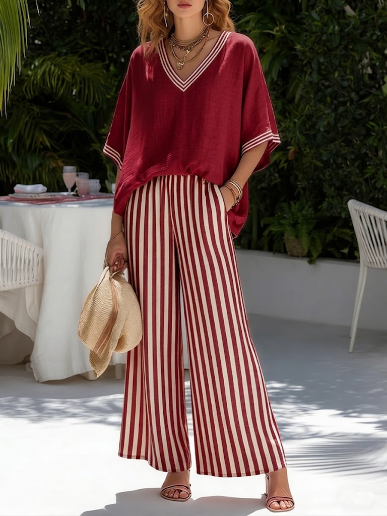 Megan - Preppy Women's Linen Set with V-Neck Top and Striped Trousers