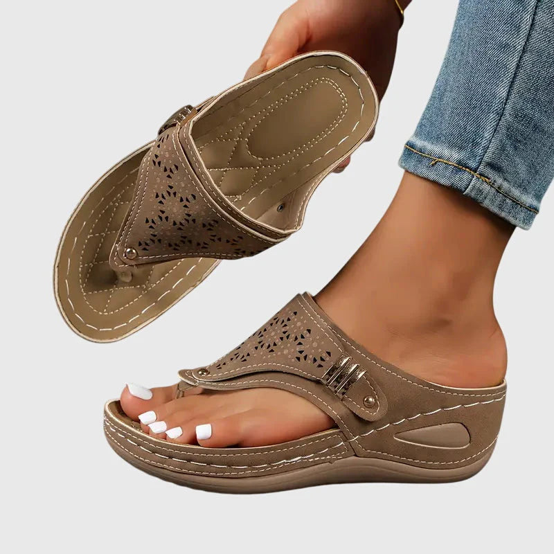 Mia - Casual Women's Orthopedic Wedge Flip Flop Sandals with Cut-Out Upper and Metal Detail