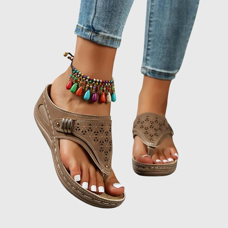 Mia - Casual Women's Orthopedic Wedge Flip Flop Sandals with Cut-Out Upper and Metal Detail