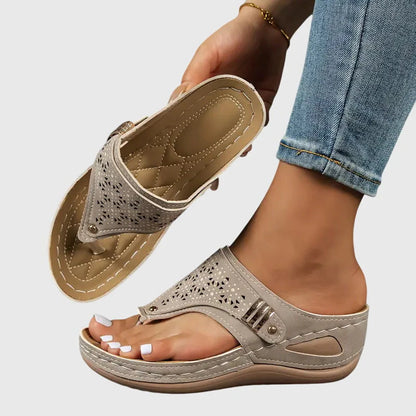 Mia - Casual Women's Orthopedic Wedge Flip Flop Sandals with Cut-Out Upper and Metal Detail