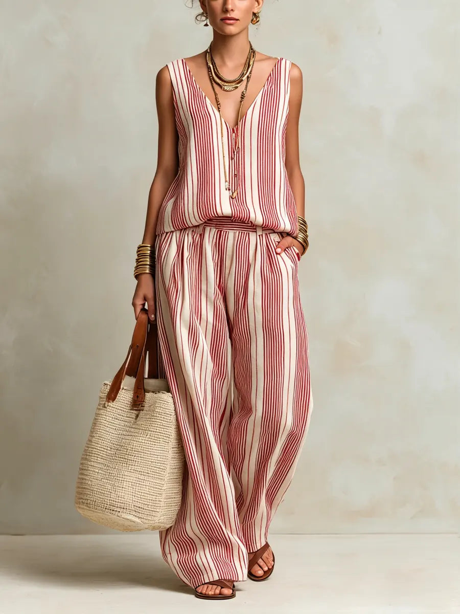 Mia - Boho Women's Linen Set with Striped Top and Wide Leg Trousers