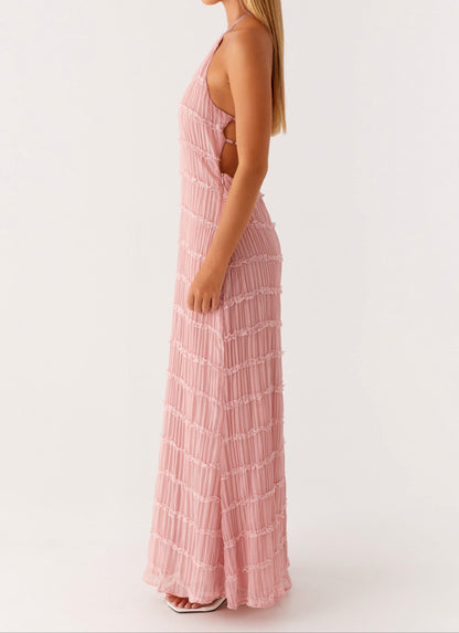 Millie - Elegant Women's Wedding Guest Maxi Dress with Halter Neck and Textured Detail