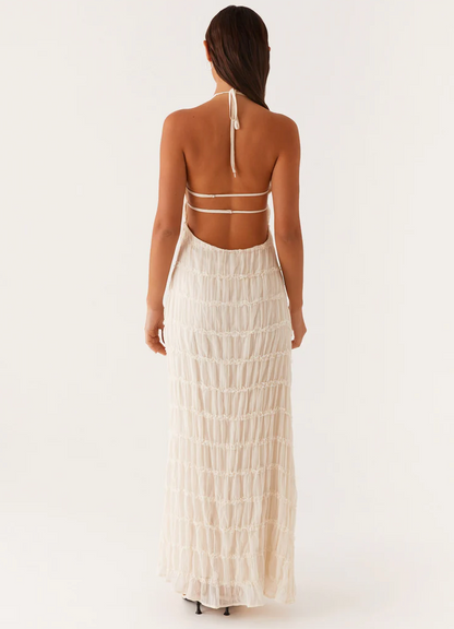 Millie - Elegant Women's Wedding Guest Maxi Dress with Halter Neck and Textured Detail
