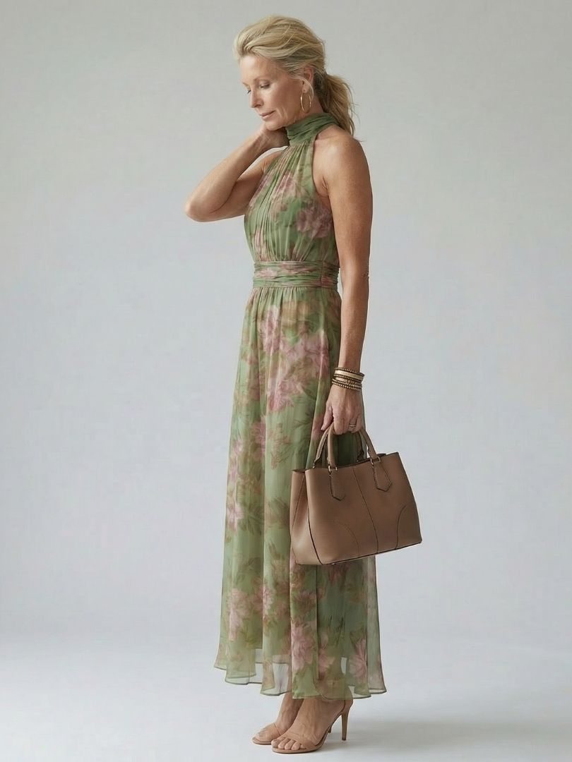 Millie - Vintage Women's Maxi Dress with Halter Neck and Tie Waist