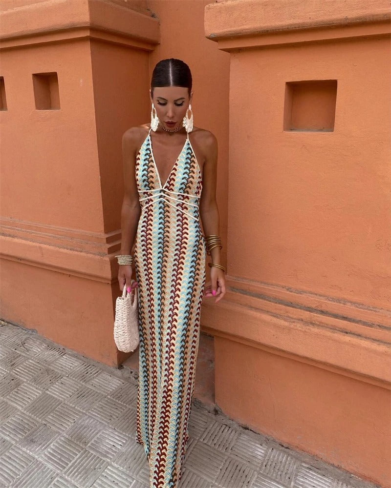 Naomi - Boho Women's Wedding Guest Maxi Dress with Halter Neck and Geometric Print
