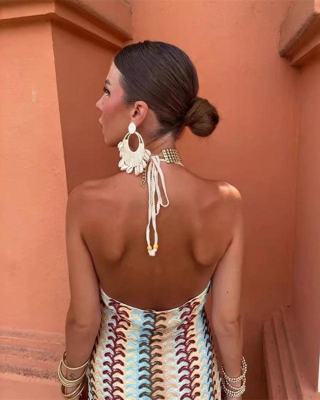 Naomi - Boho Women's Wedding Guest Maxi Dress with Halter Neck and Geometric Print