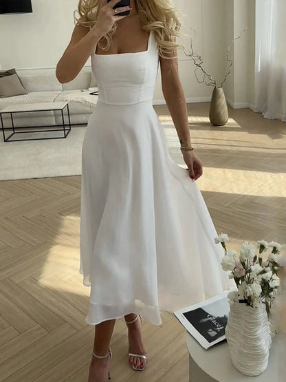 Neve - Elegant Women's Wedding Guest Midi Dress with Square Neck and Smocked Bodice