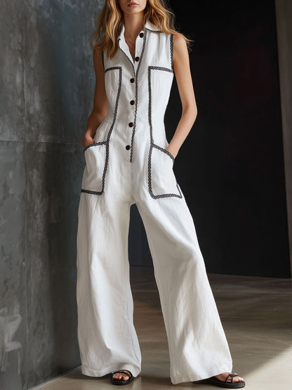 Nina - Trendy Women's Linen Set with Button Front and Crochet Trim Pockets