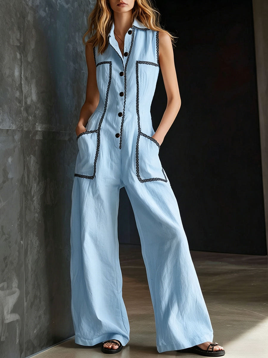 Nina - Trendy Women's Linen Set with Button Front and Crochet Trim Pockets