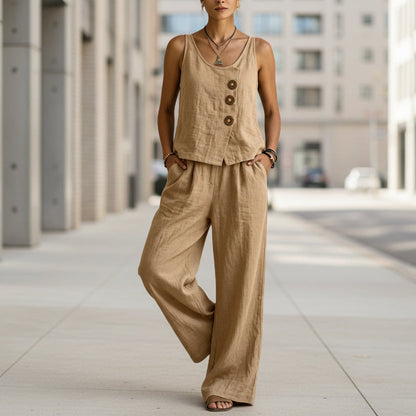 Octavia - Boho Women's Linen Two Piece Set with Asymmetric Button Tank and Wide Leg Trousers