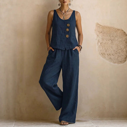 Octavia - Boho Women's Linen Two Piece Set with Asymmetric Button Tank and Wide Leg Trousers