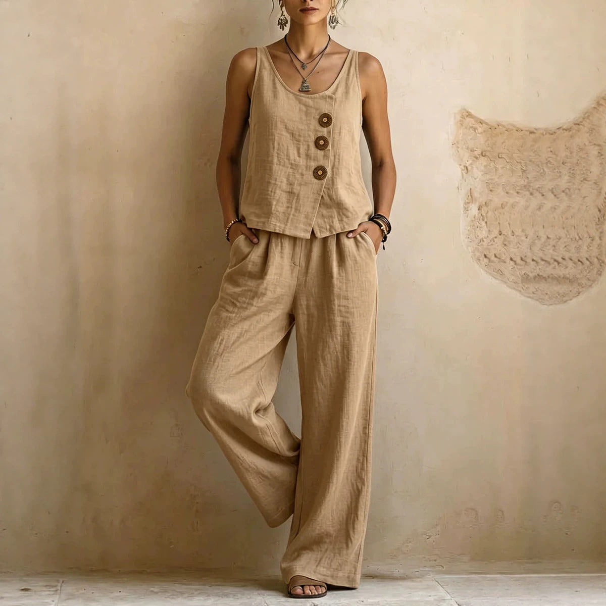 Octavia - Boho Women's Linen Two Piece Set with Asymmetric Button Tank and Wide Leg Trousers