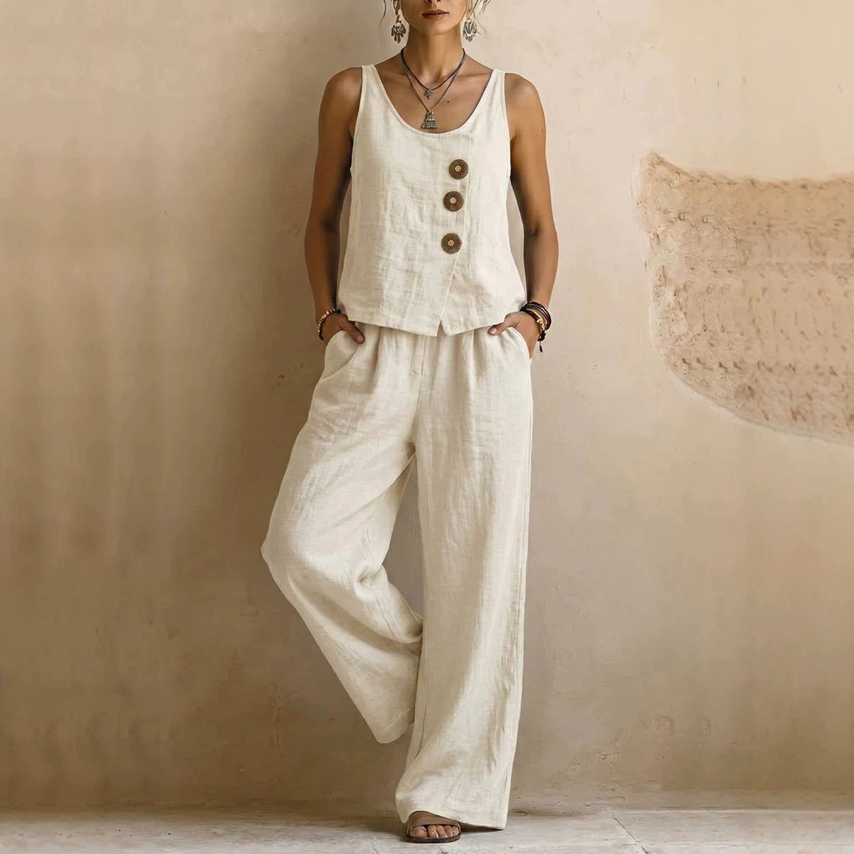 Octavia - Boho Women's Linen Two Piece Set with Asymmetric Button Tank and Wide Leg Trousers