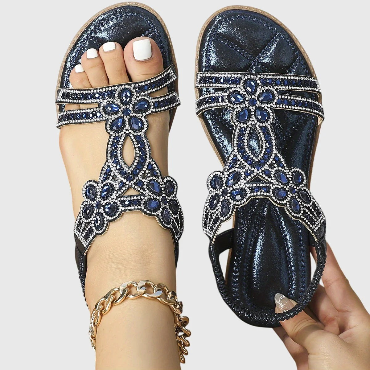 Olivia - Glam Women's Orthopedic Flat Sandals with Rhinestone Embellishment and Elastic Back Strap