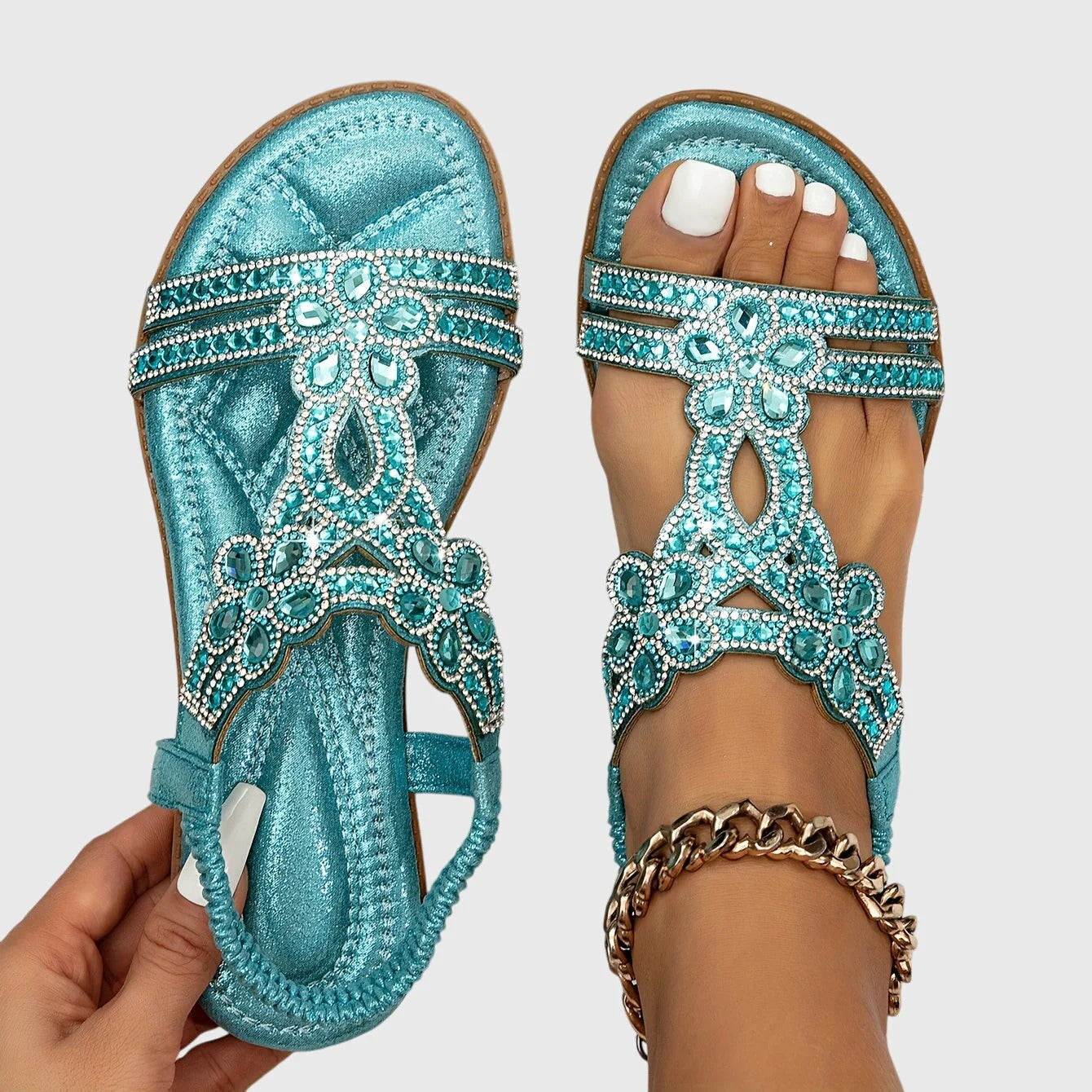 Olivia - Glam Women's Orthopedic Flat Sandals with Rhinestone Embellishment and Elastic Back Strap