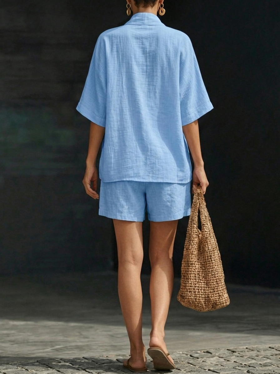 Olivia - Casual Women's Linen Summer Set with V-Neck Top and Shorts