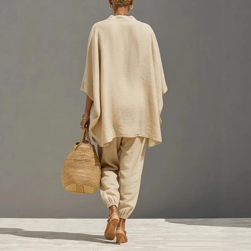 Olivia - Casual Women's Linen Two-Piece Set with V-Neck Batwing Top and Tapered Trousers